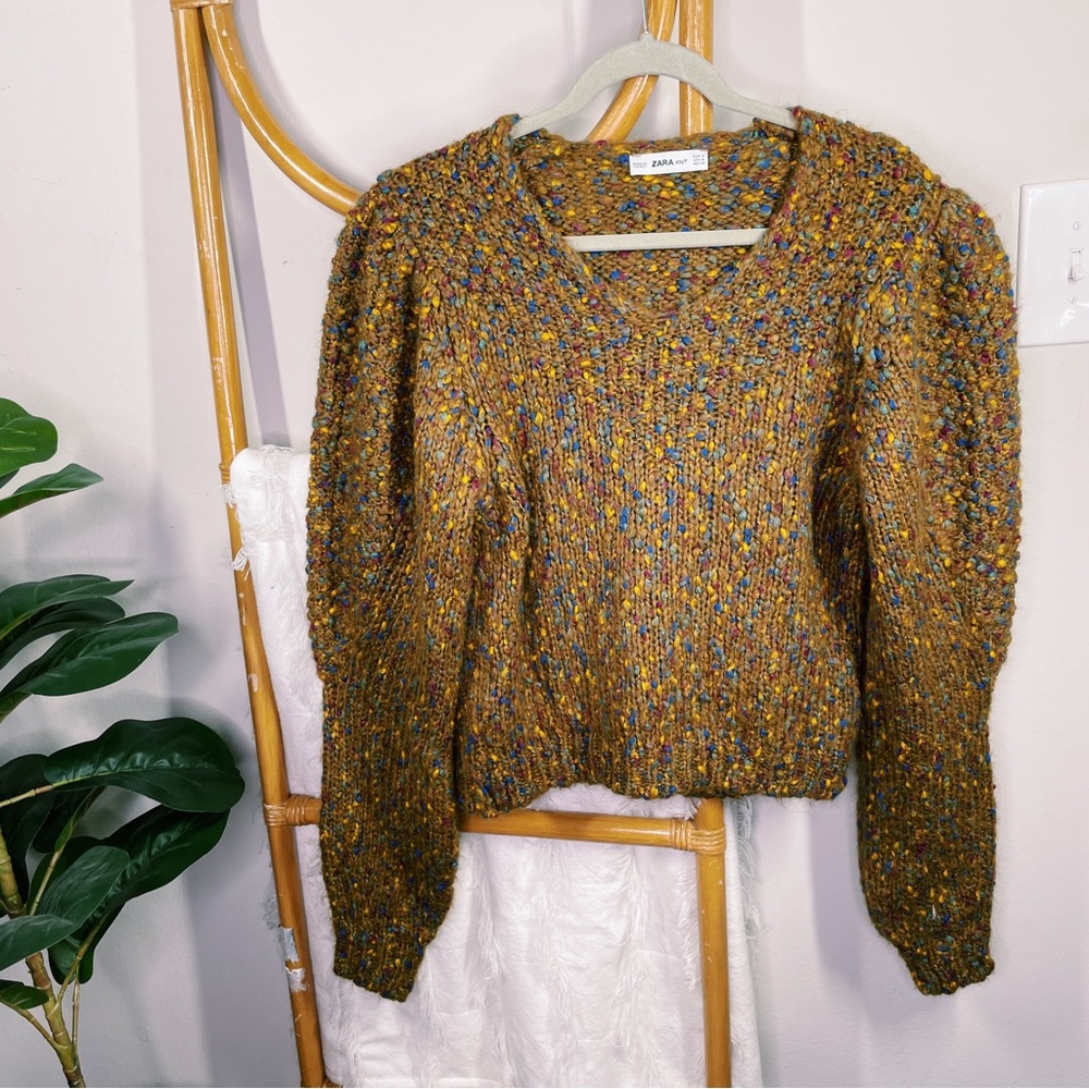 Zara Brown Puff Sleeve Polka Dot Sweater sz M